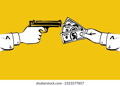 Robbenes Konzept. Die Androhung einer Schusswaffe droht dem Opfer Geld zu entziehen. Bandit mit einem Gewehr.Geld in der Hand.Vektorgrafik Skizze flach Design. Einzeln auf weißem Hintergrund. Gelddiebstahl.