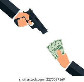 Robbery concept. Hand holding pistol and another hand giving or offering money bag. Flat design EPS10.