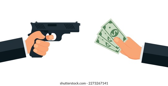 Concepto de robo. Mano sosteniendo una pistola y otra mano dando o ofreciendo una bolsa de dinero. EPS10 de diseño plano.