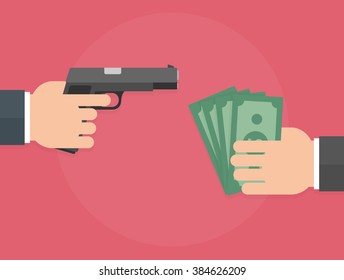 Robbery concept. Hand holding pistol and another hand giving or offering money bills. Flat design