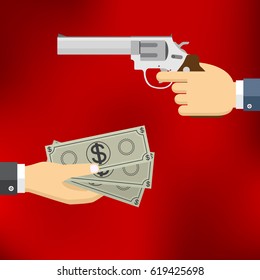Robbery concept. Hand holding pistol and another hand giving or offering money bills. Flat design