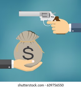 Robbery concept. Hand holding pistol and another hand giving or offering money. Flat design