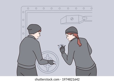 Robbery And Crime Concept. Two Young Robbers Man And Woman In Uniform Cartoon Characters Standing Trying To Break Vault Lock And Open Door Vector Illustration 