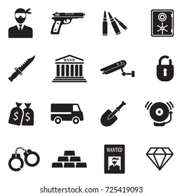 Robbery And Crime Icons. Black Flat Design. Vector Illustration.