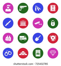 Robbery and Crime Icons. White Flat Design In Circle. Vector Illustration. 