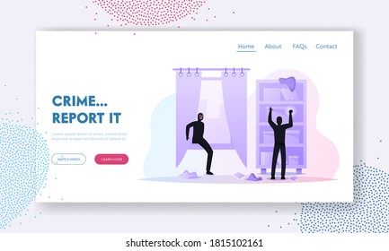 Robbery, Crime Landing Page Template. Maske Robbers Figuren heimlich Penetrate ins Haus in der Nacht Ransack Home Shelves suchen nach Geld und Beute. Vektorgrafik von Cartoon People