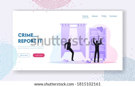 Robbery, Crime Landing Page Template. Masked Robbers Characters Secretly Penetrate into House at Night Time Ransack Home Shelves Searching for Money and Prey. Cartoon People Vector Illustration