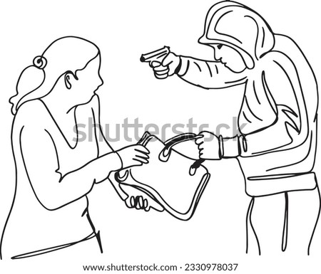 Robbery from Girl: Continuous Outline Sketch Drawing of Bag Theft by Armed Thief, Armed Robber Stealing Bag from Women