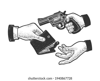 robbery with a gun sketch engraving vector illustration. T-shirt apparel print design. Scratch board imitation. Black and white hand drawn image.