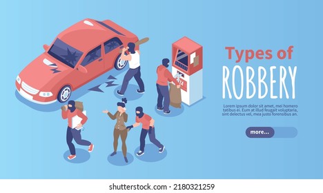Robbery horizontal banner with pickpocket and car inbreak isometric vector illustration