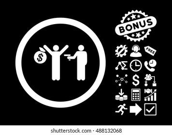 Robbery icon with bonus pictogram. Vector illustration style is flat iconic symbols, white color, black background.