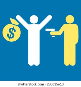 Robbery icon from Business Bicolor Set. This flat vector symbol uses yellow and white colors, rounded angles, and isolated on a blue background.