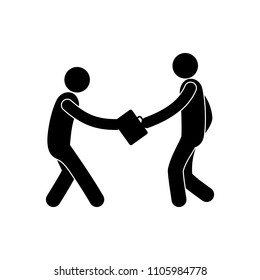 robbery, icon man, robber takes away a briefcase from a man, pictograph isolated, stick figure human silhouettes vector 