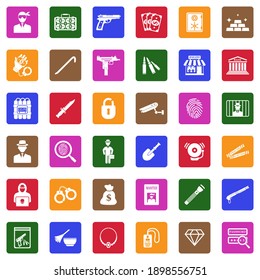 Robbery Icons. White Flat Collection In Square. Vector Illustration.