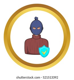 Robbery insurance vector icon in golden circle, cartoon style isolated on white background