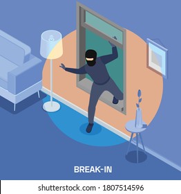 Robbery isometric composition with thief breaking into house through window 3d vector illustration