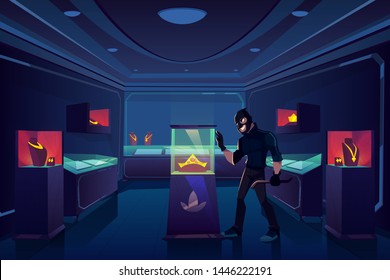 Robbery of jewelry shop, robber or thief with nail puller stand in dark trading room with gold jewellery prepare to break glass showcase with precious gem stones diadem. Cartoon vector illustration