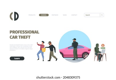 Robbery Landing Page. Victim Masked Thieves Web Template Layout Design Garish Vector Flat Picture With Place For Text