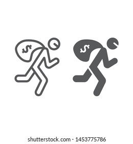 Robbery line and glyph icon, crime and burglary, thief with money bag sign, vector graphics, a linear pattern on a white background, eps 10.