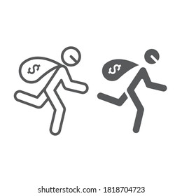 Robbery line and glyph icon. Simple outline and solid style. Crime and burglary, thief with money bag sign. Vector illustration isolated on a white background. EPS 10.