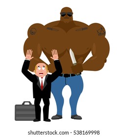 Robbery man. Criminal with knife robbing businessman with suitcase. bully crime plunder manager. gangster and victim
