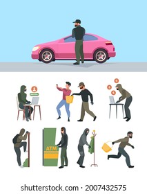 Robbery persons. Bad scary and dangerous asked thieves handbag victim burglary characters computer hackers garish vector colored flat illustrations isolated