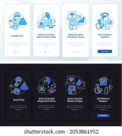 Robbery prevention onboarding mobile app page screen. Safety measures walkthrough 4 steps graphic instructions with concepts. UI, UX, GUI vector template with linear night and day mode illustrations