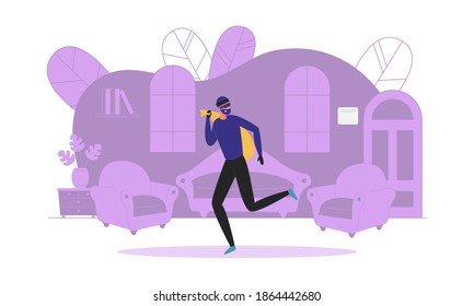 Robbery Scene with Thief or Robber Cartoon Character Stealing Precious Things on Room Interior Background. Private and Business Property Protection and Security. Flat Vector Illustration Isolated.