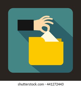 Robbery secret data in yellow folder icon in flat style on a blue background