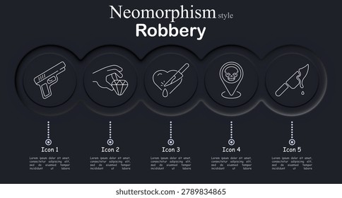 Robbery set icon. Handgun weapon crime, diamond theft stealing, knife attack danger, criminal location marker, bloody knife evidence, security threat concept.