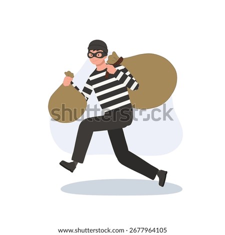robbery thief character cartoon masked man carrying stolen money bags escaping