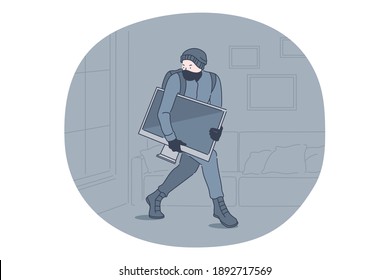 Robbery, thief and crime concept. Young man thief criminal cartoon character in mask and grey clothes carrying computer and looking back not to be noticed after crime committing vector illustration