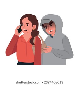 Robbery, thief and crime concept. Young man robber thief in hood trying to steal female belongings from her bag outdoors vector illustration