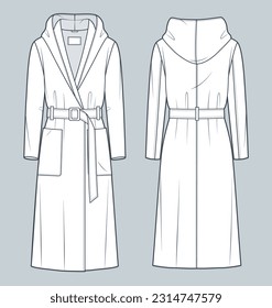 Illustration zur technischen Mode von Robe Coat. Hooded long Coat, Outerwear Mode flach technische Zeichnung Vorlage, lange Ärmel, Taschen, Front-und Rückansicht, weiß, Frauen, Männer, unisex CAD-Modell.