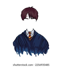 Wizard’s Robe. Perfect quality at any size for web and print. Wizard boy’s recognizable hairstyle and scar.