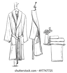 Robe for the shower, bathrobe, doodle style, sketch illustration, hand drawn, vector