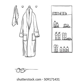 Robe for the shower, bathrobe, doodle style, sketch illustration. Hand drawn bathroom interior