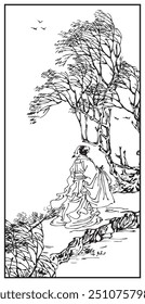 A robed figure walks alone along a rocky path, surrounded by swaying trees and flying birds, evoking solitude and connection with nature.