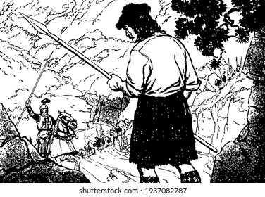 Robert Bruce, diese Szene zeigt einen Mann, der Spear in Händen hält und viele Pferderreiter kommen zu ihm für Krieg, Vintage-Linie-Zeichnung oder Gragrafikgrafik