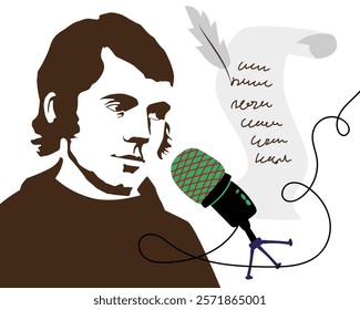 Robert Burns with mic. Night 25th January Scottish heritage festival. Vector vintage illustration