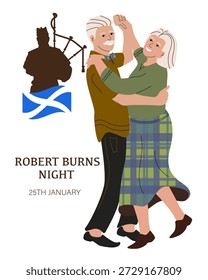 Robert Burns Night 25th January Scottish heritage festival. An elderly couple dances a Scottish dance to Scottish music.  Vector illustration.