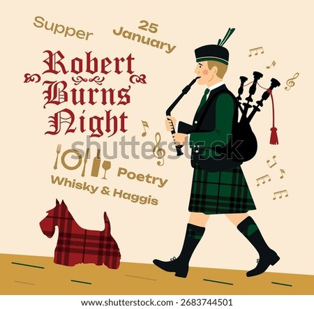 Robert Burns Night 25th January, United Kingdom Scotland background vintage invitation illustration a musician with bagpipes and dog