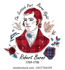 Elemento de línea de icono nocturno Robert Burns. Ilustración vectorial de la línea de icono Robbie Burns aislada en fondo blanco limpio con rosas