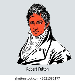 Robert Fulton was an American engineer and inventor, creator of one of the first steamships and one of the first submarine designs. Hand drawn vector illustration