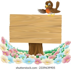 A robin bird cartoon wooden background sign