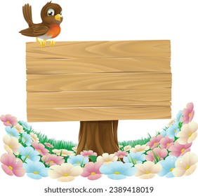 A robin bird cartoon wooden background sign