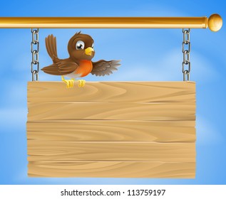 A Robin bird sitting on an old wooden sign, like a traditional pub sign