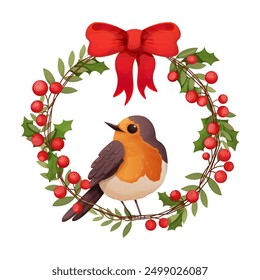 Robin bird with wreath and baw cute little bird character on branch greeting isolated on white background. 