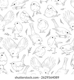 Robin birds line art seamless pattern, outline clip arts of European birds background, coloring book birds pattern