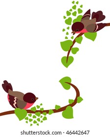 Robin birds in love on spring branches of tree. Vector background
